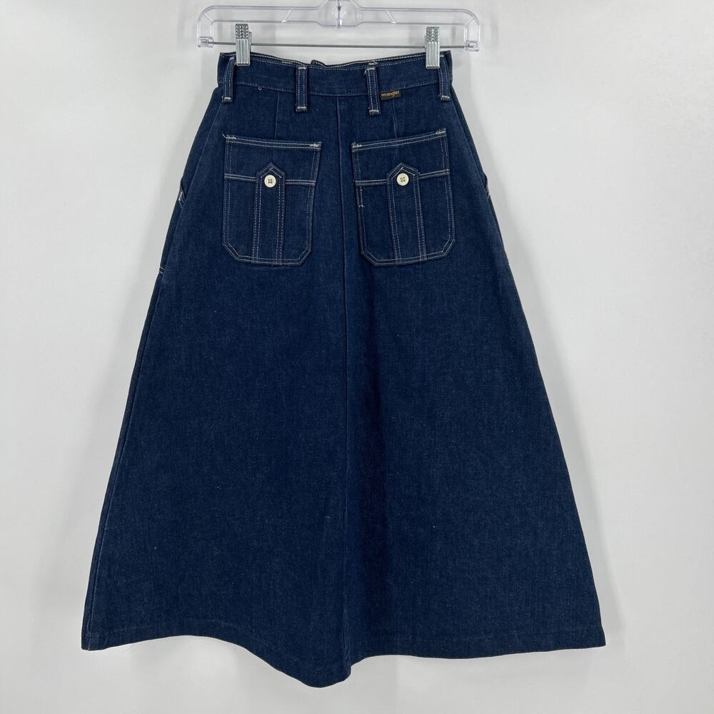 Vintage 1970s Wrangler Denim Maxi Skirt Juniors 7 XXS Pockets Retro Indigo